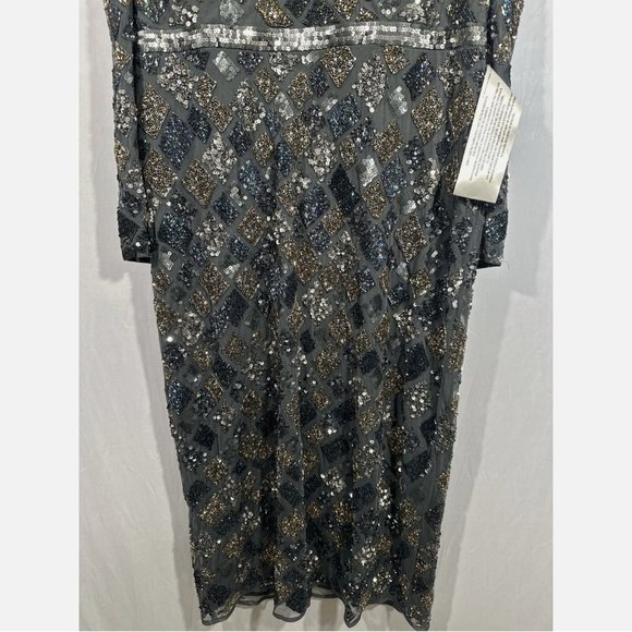 NWT‎ $498 Mac Duggal [ 16 ] Geo Embellished Midi Sheath Dress Charcoal Grey - Picture 10 of 14